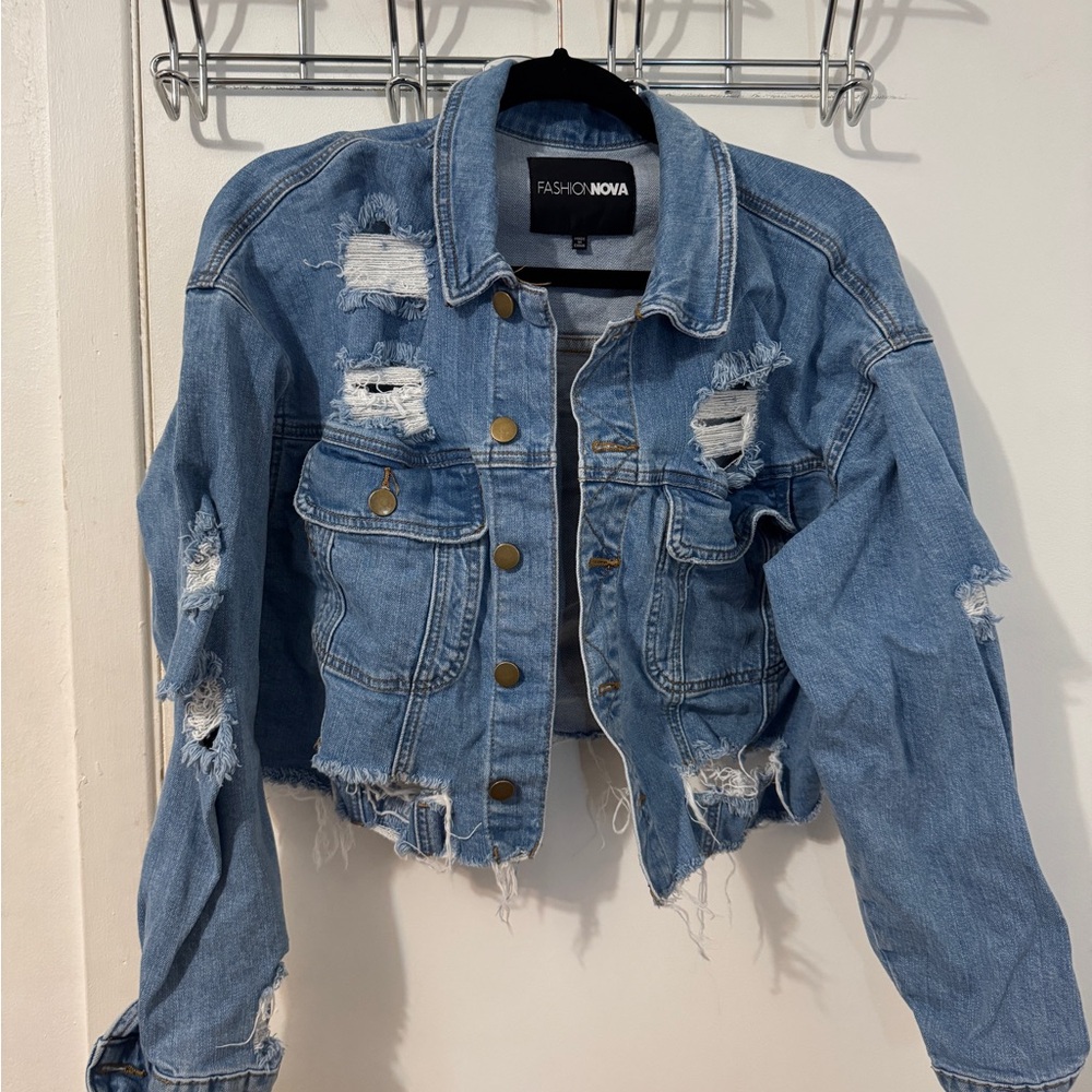 Fashion Nova Blue Distressed Denim Jacket